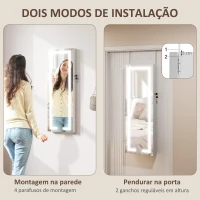 HOMCOM Espelho Joalheiro de Parede com Luzes LED e Fechadura para Pendurar na Parede ou na Porta 37x10,5x108 cm Branco(m-7)