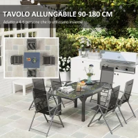 Outsunny Set da Giardino con Tavolo Allungabile in Vetro e 6 Sedie da Esterno Pieghevoli, Acciaio e Textilene, Grigio(m-4)