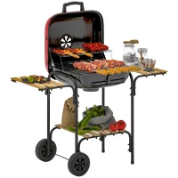 Outsunny Charcoal Barbecue Grill Portable BBQ Grill with 1840 cm² Cooking Area, 3 Shelves, Adjustable Vent, Lockable Lid, Wheels for Outdoor Cooking, Garden Party, Red(m-1)