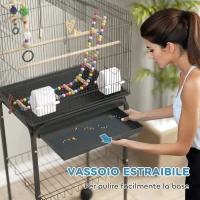 PawHut Gabbia per Uccelli con Piedistallo, Ruote Girevoli, Ripiano e Accessori, 46x36x120 cm, Nero(m-5)