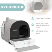 PawHut Bac à litière pour chat avec porte battante pelle et filtre inclus dim. 43L x 44l x 47H cm gris(m-4)