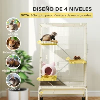 PawHut Jaula para Animales Pequeños de 4 Niveles con Ruedas Rampas Cuenco Botella de Agua 69x44x120 cm Beige(m-4)