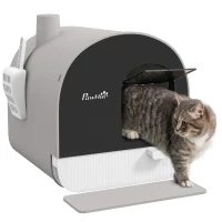 PawHut Hooded Cat Litter Box, Kitten Litter Tray, with Lid, Scoop, Filter, Flap Door, Light Grey(m-1)