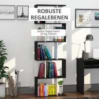 HOMCOM Bücherregal S-förmig Ausstellungsregal Standregal 5-stöckiger moderner Raumteiler Spanplatte Schwarz 60 x 24 x 184,5 cm(m-5)