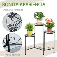 Outsunny Soporte para Plantas de Metal Mecetas Plegable Estantería para Flores con 3 Estantes y Bordes de Azulejo para Decoración Interiores y Exteriores 60x22x65 cm Negro(m-6)