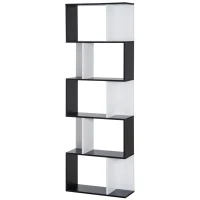 HOMCOM Bücherregal S-förmig Ausstellungsregal Standregal 5-stöckiger moderner Raumteiler Spanplatte Schwarz 60 x 24 x 184,5 cm(m-10)