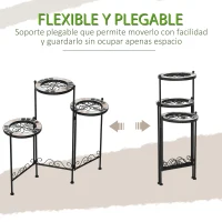 Outsunny Soporte para Plantas de Metal Mecetas Plegable Estantería para Flores con 3 Estantes y Bordes de Azulejo para Decoración Interiores y Exteriores 60x22x65 cm Negro(m-5)