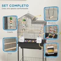 PawHut Gabbia per Uccelli con Piedistallo, Ruote Girevoli, Ripiano e Accessori, 46x36x120 cm, Nero(m-4)