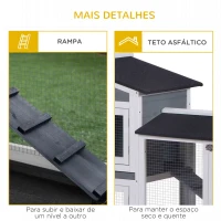 PawHut Coelheira de Madeira Exterior Gaiola para Coelhos de 2 Níveis com Teto Asfáltico 2 Cercados de Metal Bandeja Removível 3 Portas e Rampa 157,4x53x93,5 cm Cinza(m-7)