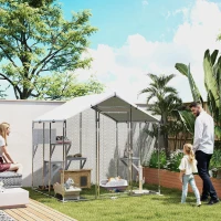 PawHut Refugio Exterior Grande para Gatos Jaula de Acero Galvanizado con Techo Impermeable para 5 Gatos 200x170x195 cm Plateado(m-2)