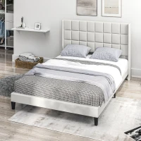 HOMCOM Cama 135x190 cm Estrutura de Cama com Cabeceira Estofada em Linho e Espaço de Armazenamento Debaixo da Cama Bege(m-9)