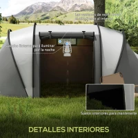 Outsunny Tienda de Camping Familiar para 4-5 Personas con 2 Habitaciones Separadas Puertas y Ventanas 450x220x180 cm Gris(m-6)