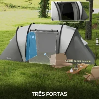 Outsunny Tenda de Campismo Familiar para 4-5 Pessoas Impermeável 3000 mm com 2 Quartos Bolsa de Transporte e Gancho 450x220x180 cm Cinzento(m-5)