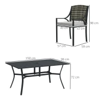 Outsunny Rattan Garden Furniture Set with Cushions, 6 Seater Rattan Dining Set with 6 Armchairs, 150 x 96cm Rectangular Table, Umbrella Hole, for Outdoor, Patio, Balcony, Terrace, Conservatory(m-3)