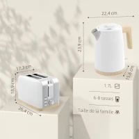 HOMCOM Wasserkocher und Toaster, 1,7 L, Edelstahl, 7 Bräunungsstufen, Aufwärmfunktion, Automatische Abschaltung, Weiß(m-3)
