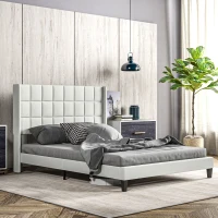 HOMCOM Cama 135x190 cm Estrutura de Cama com Cabeceira Estofada em Linho e Espaço de Armazenamento Debaixo da Cama Bege(m-2)