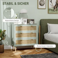 HOMCOM Schlafzimmer-Kommode mit 3 Schubladen, Rattan-Fronten, Kleiderkommode für Flur, Eingangsbereich, MDF, Grün(m-6)