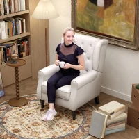 HOMCOM Ohrensessel Relaxsessel Sessel, Vintage-Design, Knopfheftung, gedrechselte Beine, 74 cm x 86 cm x 102 cm,  Cremeweiß(m-9)