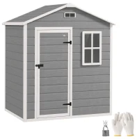 Outsunny 6 x 4ft Garden Shed, Plastic Shed with Floor, Window, Lockable Door and Vents, Wood Effect Resin Tool Shed for Outdoor, Grey(m-10)