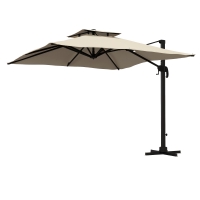 Outsunny Parasol déporté carré 3 x 3 m, manivelle, base croisée, rotation 360°, polyester 250 g/m², double toit, 8 baleines, kaki