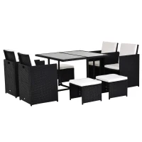 Outsunny 8 Seater Rattan Cube Garden Furniture Set, Rattan Dining Set with Cushions, Outdoor Dining Table and Chairs with 4 Armchairs, 4 Stools, Square Glass Top Table, Black(m-1)