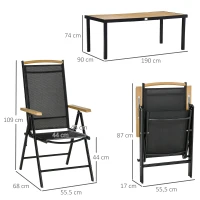 Outsunny Salon de jardin extérieur 6 personnes, cadre en aluminium, table 190 cm, 6 chaises pliables et inclinables, noir(m-3)