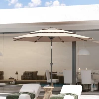Outsunny 3-Tier Garden Parasol with Solar LED Lights, UPF 30+, Tilt Mechanism & Crank Handle, for Market Terrace, Khaki(m-9)