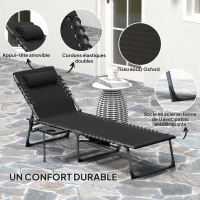 Outsunny Bain de soleil pliante dossier réglable sur 5 niveaux, plateau, appuie-tête, poche latérale 60 x 190 x 31 cm, noir(m-5)