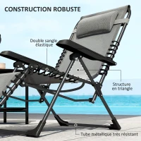 Outsunny Lot de 2 bain de soleil, chaise longue pliante inclinable avec appuie-tête en textilène, 90 x 65 x 112 cm, gris(m-7)