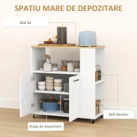 HOMCOM Cărucior de Bucătărie cu Raft Deschis, Dulăpior cu 2 Uși și Raft Lateral pe 2 Niveluri, 75x40x80,5 cm, Alb(m-4)