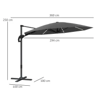 Outsunny Aluminiowy Parasol Ogrodowy LED Solar Ø300 cm Regulowana Wysokość z Korbką UV50+ Ciemnoszary(m-3)
