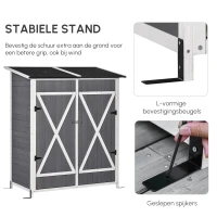Outsunny gereedschapsschuur met 2 deurs gereedschapskast met asfaltdak Tuin opbergkast anti-dumping design met grondspijkers dennenhout grijs + wit 139 x 75 x 160 cm(m-4)