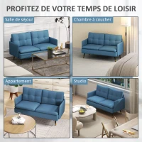 HOMCOM Canapé 2 places design scandinave tissu effet lin avec passepoil 139 x 68 x 80 cm bleu(m-7)