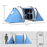 Outsunny Tenda de Campismo Familiar para 4-5 Pessoas Impermeável 3000 mm com 2 Quartos Bolsa de Transporte e Gancho 450x220x180 cm Azul(m-3)