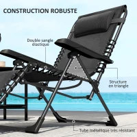 Outsunny Lot de 2 bain de soleil, chaise longue pliante inclinable avec appuie-tête en textilène, 90 x 65 x 112 cm, noir(m-7)