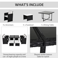 Outsunny 8 Seater Rattan Cube Garden Furniture Set, Rattan Dining Set with Cushions, Outdoor Dining Table and Chairs with 4 Armchairs, 4 Stools, Square Glass Top Table, Black(m-5)