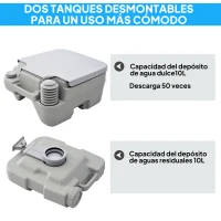 HOMCOM Inodoro Portátil con Tanques Dobles de 10L Estructura en Plástico PE para Camping y Senderismo 36x42x30 cm Gris(m-6)