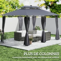 Outsunny Tonnelle de jardin extérieur barnum 3 x 4 m avec moustiquaire et lumières LED solaire, double toit, gris(m-6)