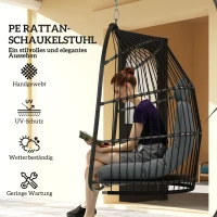 Outsunny Hangstoel Hangkorf met Kussen van Polyrattan, Schommel voor Binnen en Buiten, inklapbaar, belastbaar tot 150kg - Donkergrijs(m-5)