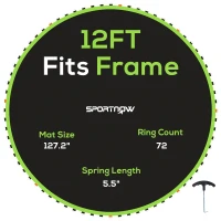 SPORTNOW Replacement Trampoline Mat with Spring Pull Tool, 72 V-Hooks, for 12ft Trampoline using 14cm Springs, Green(m-1)