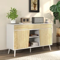 HOMCOM Aparador Moderno con Cajones Estantes Abiertos y Almacenaje Ajustable Para Sala o Comedor 120x39x77 cm Blanco y Natural(m-9)