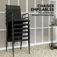 Outsunny Ensemble de jardin 6 pers. 6 chaises empilables table plateau verre trempé 5 mm métal époxy textilène noir(m-5)