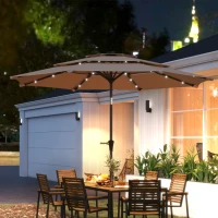 Outsunny 3-Tier Garden Parasol with Solar LED Lights, UPF 30+, Tilt Mechanism & Crank Handle, for Market Terrace, Khaki(m-2)