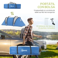 Outsunny Tienda de Camping Familiar para 4-5 Personas con 2 Habitaciones Separadas Puertas y Ventanas 450x220x180 cm Azul(m-7)