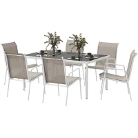 Outsunny Juego de Comedor de Jardín de 7 Piezas con 1 Mesa 6 Sillas Apilables para Terraza Patio Blanco y Gris(m-11)
