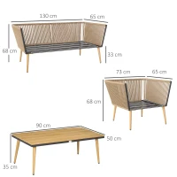 Outsunny Salon de Jardin en résine tressée 4 places avec 1 canapé 2 fauteuils et 1 table basse 7 coussins inclus crème(m-3)