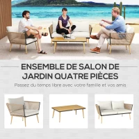Outsunny Salon de Jardin en résine tressée 4 places avec 1 canapé 2 fauteuils et 1 table basse 7 coussins inclus crème(m-4)
