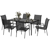 Outsunny Ensemble de jardin 6 pers. 6 chaises empilables table plateau verre trempé 5 mm métal époxy textilène noir(m-1)