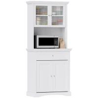 HOMCOM 4-Door Kitchen Cupboard with Drawer, Freestanding Kitchen Cabinet with Glass Doors, Adjustable Shelves and Open Counter, White(m-10)