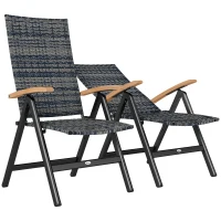 Outsunny 2 Pieces Folding Rattan Garden Dining Chairs with 5-level Reclining High Back, Wood Armrests for Outdoor - Mixed-grey(m-10)